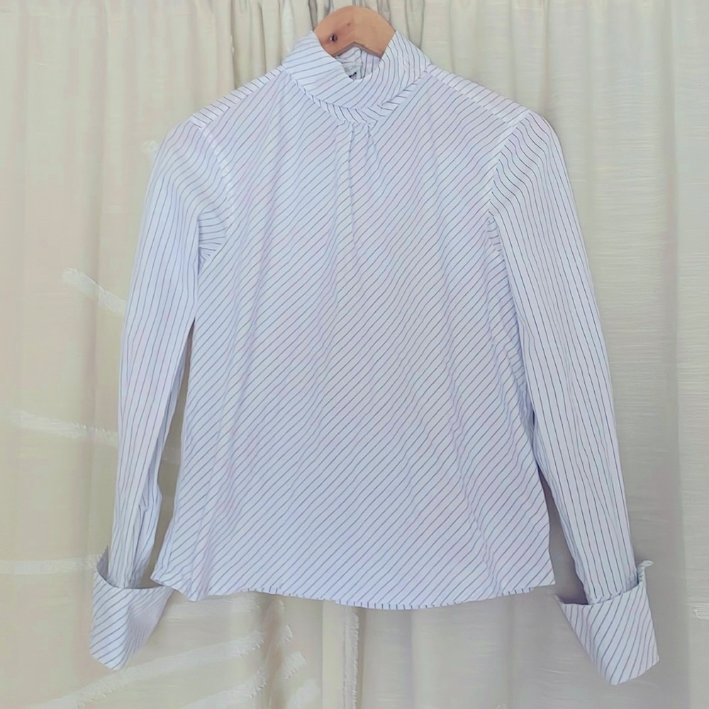 Scotch & Soda White/Blue Asymmetrical Pinstripe High-collar Rear Button Blouse